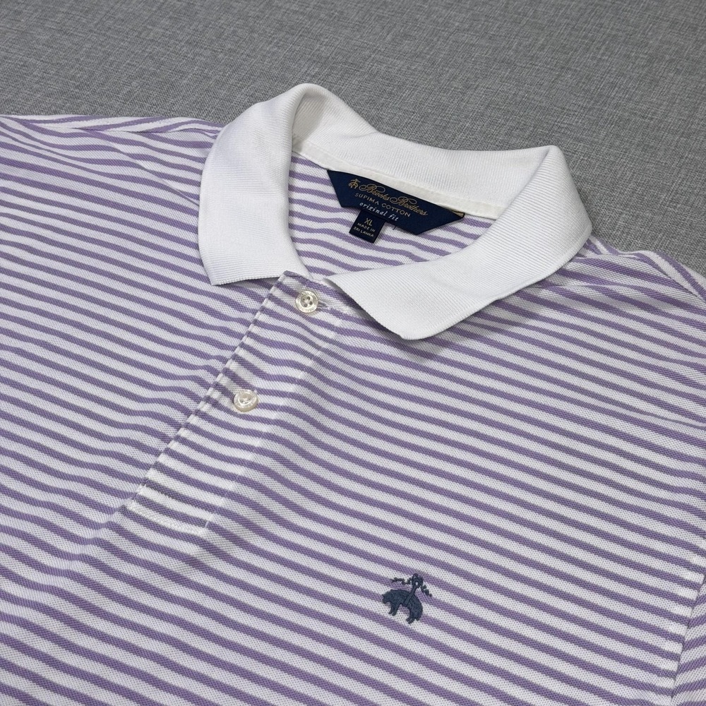 Brooks Brothers Polo Shirt Mens XL Purple White Striped 100% Cotton Point Collar